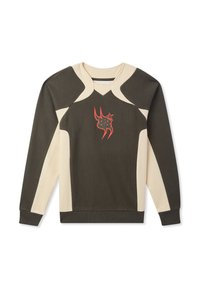 Felpa verde scuro e crema con un design strutturato. Presenta una grafica arancione audace sul davanti, pannelli a contrasto e polsini a costine.