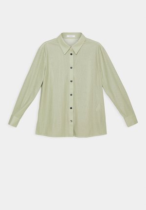 Camicia verde chiaro a maniche lunghe con bottoni, tessuto traforato, colletto appuntito e polsini solidi, distesa piatta su sfondo bianco.