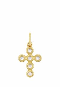 Złoty wisiorek w kształcie krzyża z sześcioma okrągłymi, przezroczystymi kamieniami szlachetnymi, ułożonymi symetrycznie, zawieszonym na małej złotej pętelce.