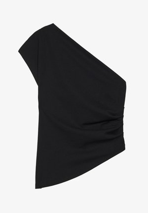 Czarny top na jedno ramię wykonany z elastycznego materiału, z marszczeniem po boku i asymetrycznym dołem. Gładka faktura z lekkim opadaniem.