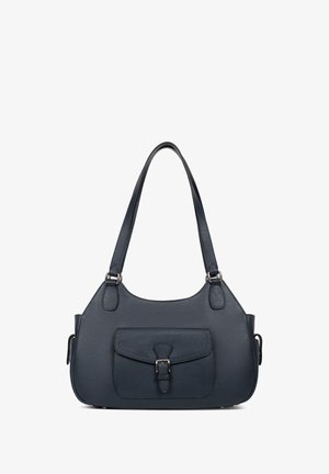 Dark blue leather handbag with a curved shape, single shoulder strap, front flap pocket, and silvery hardware accents.