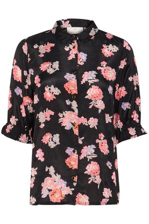 Blouse noire avec un motif floral en rose, violet et beige. Devant à boutons avec un col et des manches courtes froncées. Texture lisse.
