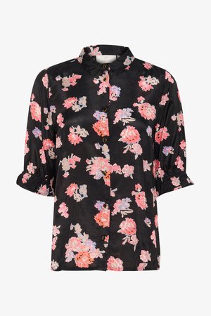 Blouse noire avec un motif floral en rose, violet et beige. Devant à boutons avec un col et des manches courtes froncées. Texture lisse.