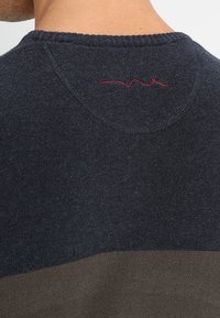 Virkat tröja i mörkblått med ett grönt horisontellt rand, med rundad halsringning och subtila röda sömmar på baksidan.