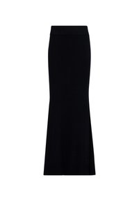 Jupe maxi en tricot noire avec une taille côtelée et un ourlet évasé, dotée d'une fente latérale discrète pour faciliter les mouvements.