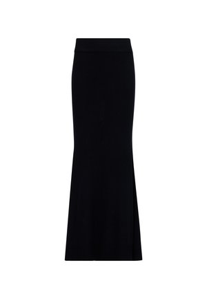 Gebreide zwarte maxi-rok met een geribde tailleband en een uitlopende zoom, voorzien van een subtiele zijsplit voor gemakkelijkere beweging.