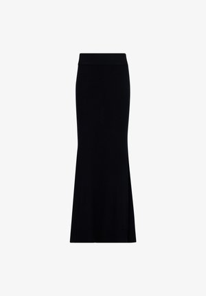 Knit black maxi skirt with a ribbed waistband and a flared hem, featuring a subtle side split for ease of movement.