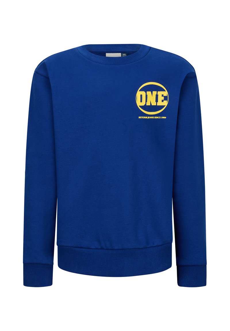 Felpa blu realizzata in tessuto morbido, con scollo rotondo, maniche lunghe, polsini a costine e un logo grafico giallo "ONE" sul davanti.