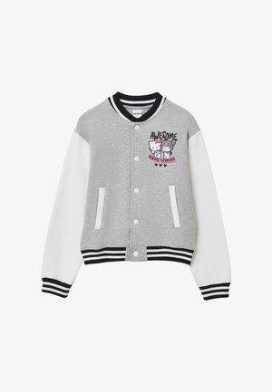 Giacca varsity grigia e bianca con colletto, polsini e orlo a righe nere, con Hello Kitty e testo "Awesome always together" sul petto.