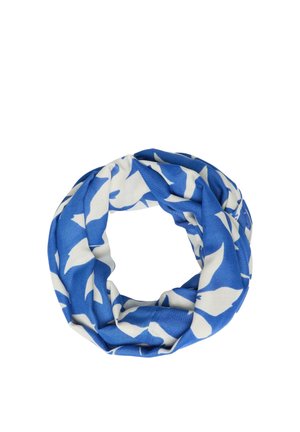 Écharpe infinie bleu et blanc avec un motif abstrait de feuilles, disposée en forme circulaire sur un fond blanc.