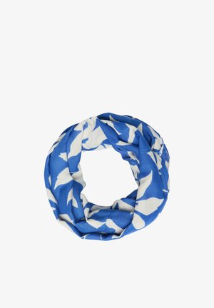 Blauer und weißer Loop-Schal mit abstraktem Blattmuster, kreisförmig auf weißem Hintergrund angeordnet.