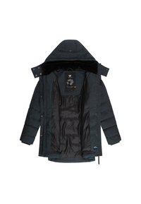 Chaqueta acolchada azul oscuro con capucha desmontable, forro de piel sintética negra, bolsillos laterales, botones a presión y forro interior negro con estampado.