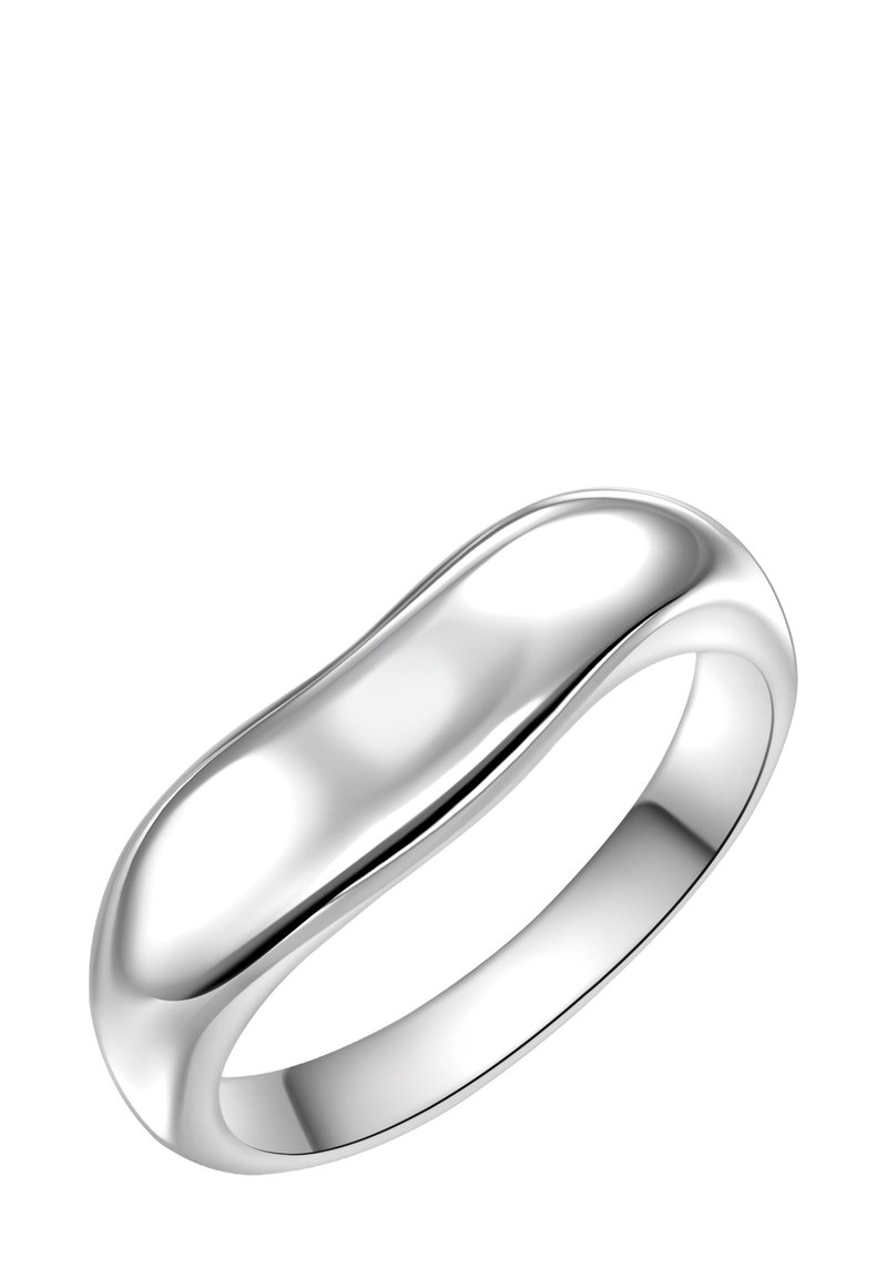 Srebrni prsten s glatkom, zaobljenom trakom, koji se odlikuje blago konturiranim dizajnom i poliranom površinom, koja odražava svjetlost s sjajnim završetkom.