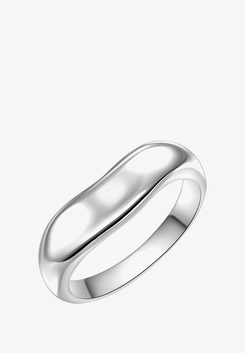 Srebrni prsten s glatkom, zaobljenom trakom, koji se odlikuje blago konturiranim dizajnom i poliranom površinom, koja odražava svjetlost s sjajnim završetkom.