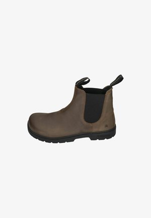 Brown leather ankle boot with elastic side panels, black accents, textured surface, and pull tabs for easy wear. Rubber sole for grip.