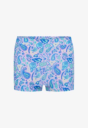 Maillot de bain avec un motif paisley et floral bleu vif et vert sur fond violet clair, coupe droite à l'ourlet.
