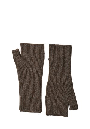 Par brune ribstrikkede fingeløse handsker med tommelåbninger, designet til varme og fingerfærdighed.