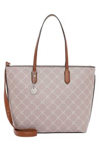 Sac fourre-tout rose clair avec un motif de diamants blancs, poignées en cuir marron et une sangle amovible. Présente un charme en métal argenté comme accent.