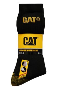 Chaussettes de travail noires de qualité supérieure avec logo de marque jaune. Dotées d'un renfort double aux orteils et au talon. S'adapte aux tailles EU 39-42, UK 6-9.