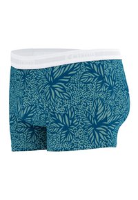 Sous-vêtements pour hommes de style boxer en bleu canard avec une ceinture blanche. Présente un motif floral avec de grandes feuilles sur un fond texturé.