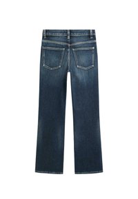 Jeans in denim blu scuro con gamba dritta, due tasche posteriori e cuciture in evidenza su uno sfondo bianco.