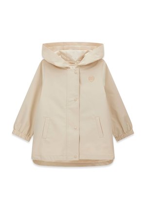 Imperméable beige à capuche avec boutons-pression à l'avant, manches longues avec poignets élastiques, deux poches avant et un petit logo en forme de cœur sur la poitrine.