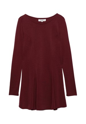 Long-sleeve burgundy tunic top with a round neckline and subtle front seam details, flaring slightly at the hem.