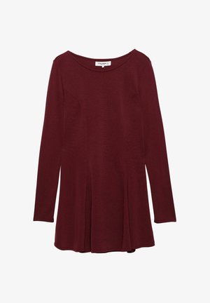 Long-sleeve burgundy tunic top with a round neckline and subtle front seam details, flaring slightly at the hem.