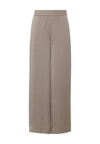 Licht beige wijde broek van textiel met structuur. Heeft een elastische tailleband en een gladde, vloeiende pasvorm.