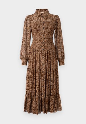 Brown leopard print dress with a button-up front, long sheer sleeves, and tiered ruffles at the hem. Crafted from lightweight fabric.