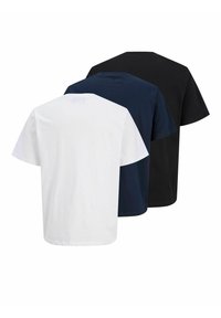 Set von drei T-Shirts in Weiß, Marineblau und Schwarz. Klassischer Rundhalsausschnitt, kurze Ärmel und aus weichem Baumwollstoff gefertigt.