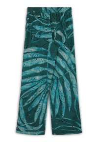 Tealfarbene, gemusterte weit geschnittene Hosen mit einem Blattdesign und Aussparungen, elastischem Bund und einem weichen, strukturierten Stoff.