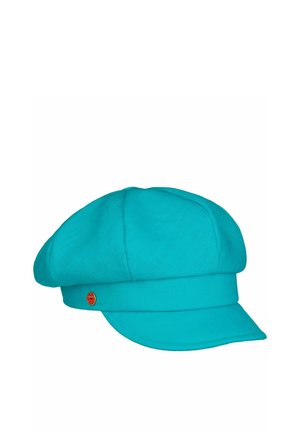 Turquoise flat cap with a short, curved brim and a small round orange logo on the side band.