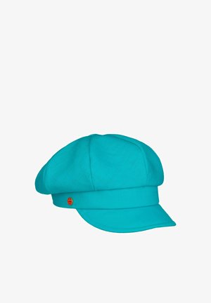 Turquoise flat cap with a short, curved brim and a small round orange logo on the side band.