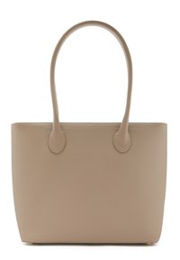 Sac fourre-tout en cuir beige avec deux poignées arrondies, texture lisse et forme rectangulaire structurée, arborant un motif de grain subtil.