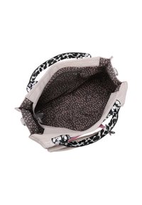 Large handbag with a light gray exterior, patterned black and white straps, and a dark brown interior featuring pink speckles. Zippered pocket included.