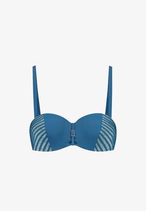 Niebieski stanik push-up z koronkowymi, paskowanymi panelami w kontrastującym jasnoniebieskim kolorze. Posiada gładkie ramiączka oraz centralny detal z metalowymi elementami.