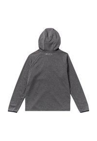 Sweat à capuche gris en tissu texturé. Présente une capuche, des manches longues et un logo RVCA au dos. Design simple sans motifs ni accents.