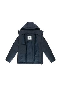 Giacca a ventosa blu scuro con cappuccio, dotata di chiusura con zip e foderatura interna strutturata. Etichetta visibile all'interno.
