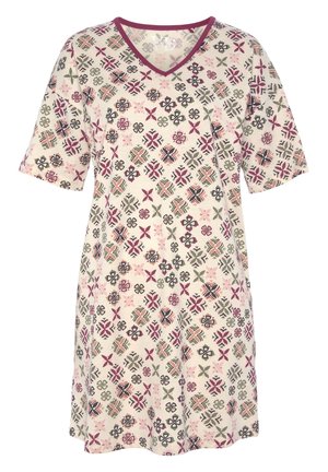 Kurzärmliges Nachthemd aus cremefarbenem Stoff mit einem sich wiederholenden floralen und geometrischen Muster in Pink, Grün und Maroon sowie einem V-Ausschnitt.