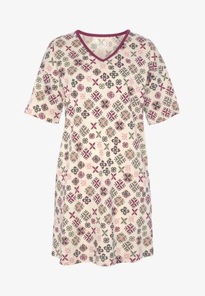 Short-sleeve nightgown in cream fabric featuring a repeating floral and geometric print in pink, green, and maroon with a V-neckline.