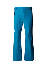 Pantaloni da sci impermeabili blu con design a gamba dritta, due tasche laterali, rinforzi alle ginocchia e un logo bianco sulla coscia sinistra.