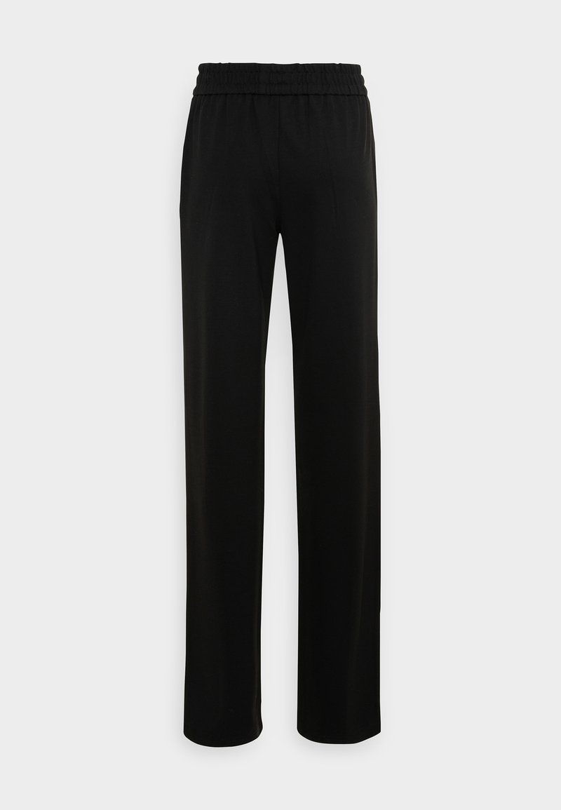 Zwarte, brede broek met een elastische tailleband, gemaakt van zachte stof, met een gladde textuur en een eenvoudig ontwerp zonder zakken.