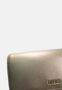 Borsa a pochette dorata metallica con una texture liscia, caratterizzata da un bordo cucito e un logo del marchio in rilievo nella parte anteriore. Design compatto e minimalista.