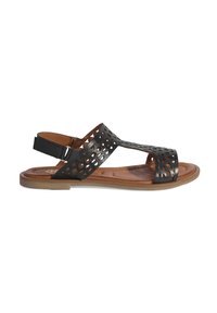 Schwarze Ledersandalette mit ausgeschnittenem Design und verstellbarem Fersenriemen; mit brauner Innensohle und flacher Gummisohle.