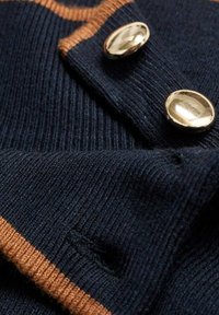Navy knitted fabric with a ribbed texture, featuring a brown stripe and two shiny gold-tone buttons on a collar detail.