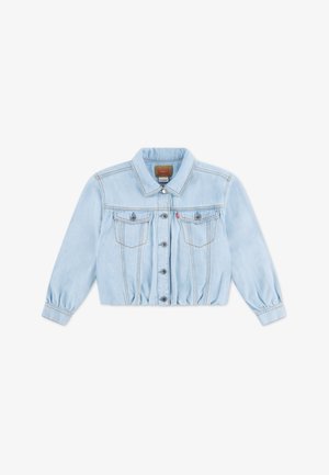 Ljusblå kort jeansjacka med krage, knapplinje fram, två bröstfickor och elastisk nederkant. Klassisk jeansstruktur och sömmar.