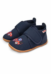 Chaussures en tissu bleu marine avec fermeture Velcro, semelle en caoutchouc, ornées d'une broderie colorée de hibou sur le bout. Forme arrondie pour un ajustement facile.