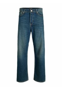 Denim kavbojke srednje modre barve z ravnim krojem. Imajo gumbasti zadrgo, pet žepov in svetlo zbledelost na tkanini.