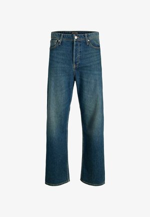 Džínové kalhoty ve středně modré barvě se střihovým designem rovného nohavice. Obsahují zapínání na knoflíky, pět kapes a jemné zesvětlení látky.